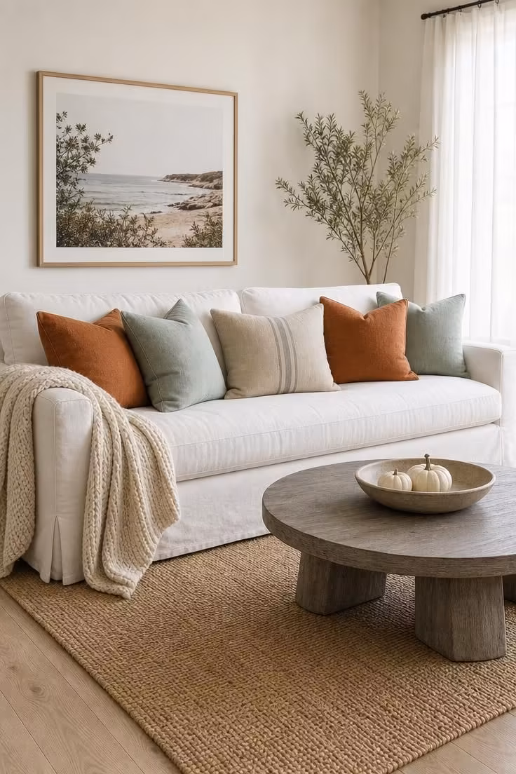 10 Soft Coastal Fall Decor Ideas That Bring Shoreline Warmth 6 Linen throw pillows in burnt sienna and seafoam arranged on a white slipcovered sofa with a chunky cream throw and a driftwood gray coffee table.