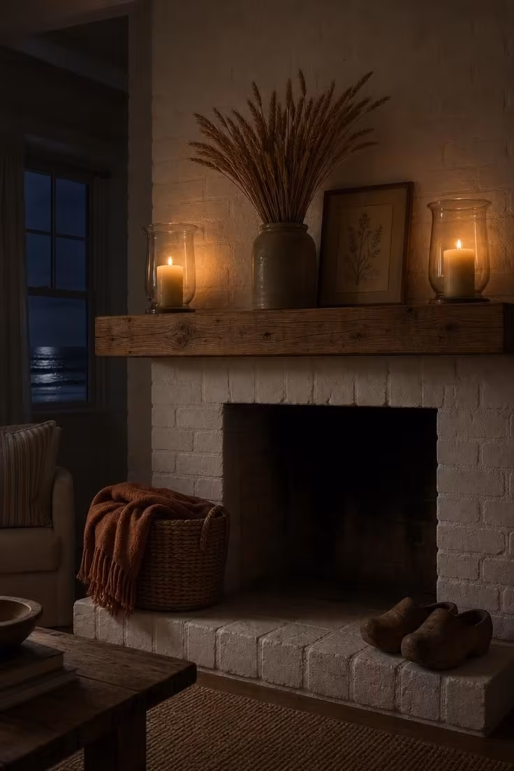 10 Soft Coastal Fall Decor Ideas That Bring Shoreline Warmth 7 Hurricane lanterns flanking a whitewashed brick fireplace mantel with dried wheat bundles in a stoneware crock in moody low light.