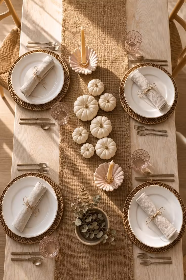 10 Soft Coastal Fall Decor Ideas That Bring Shoreline Warmth 8 An overhead view of a fall dining table with a burlap table runner, shell candle holders, white pumpkins, and linen napkins tied with jute.
