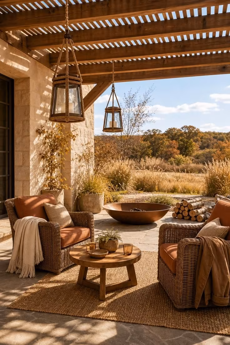 10 Soft Coastal Fall Decor Ideas That Bring Shoreline Warmth 10 A covered patio with rope-wrapped lanterns hanging from a pergola, wicker chairs with cinnamon and sand cushions, and a copper fire pit.