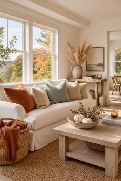 10 Soft Coastal Fall Decor Ideas That Bring Shoreline Warmth A bright coastal living room with linen pillows in burnt sienna and seafoam, a woven seagrass basket with a rust throw, white pumpkins, and a pampas grass arrangement in warm afternoon light.