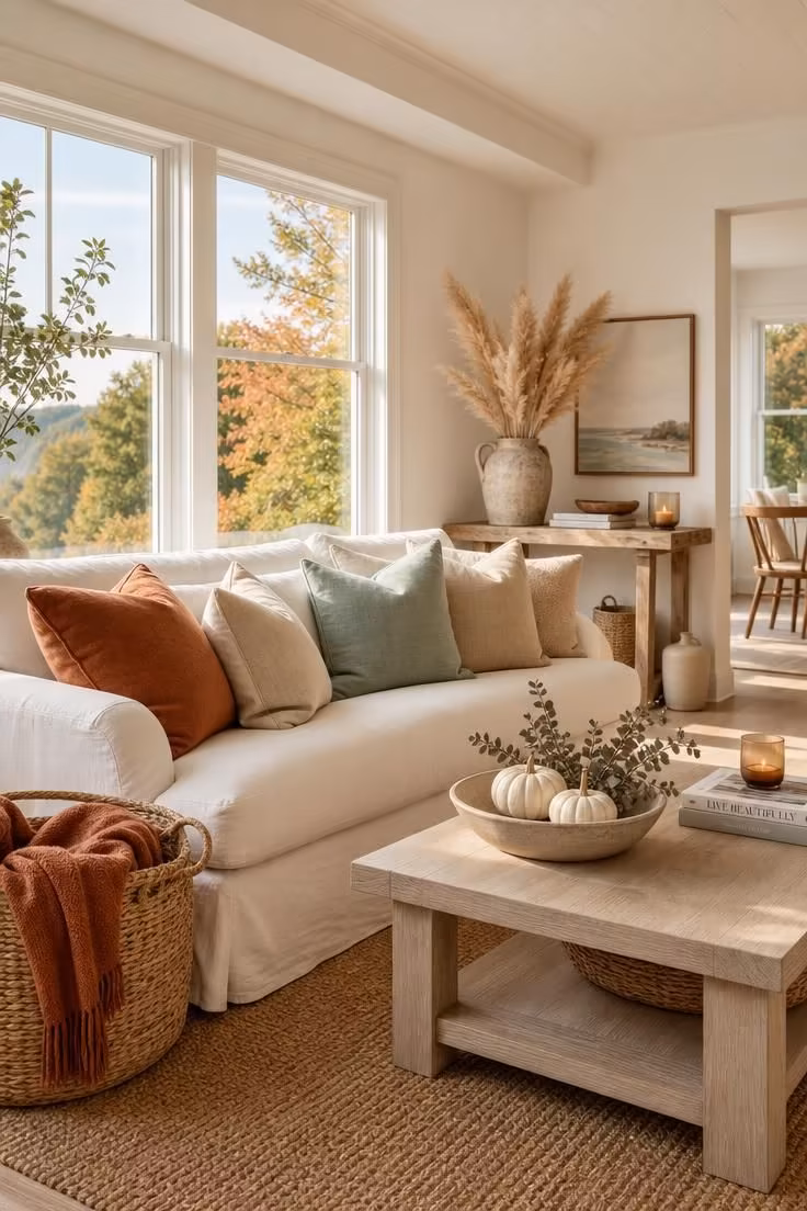 A bright coastal living room with linen pillows in burnt sienna and seafoam, a woven seagrass basket with a rust throw, white pumpkins, and a pampas grass arrangement in warm afternoon light.