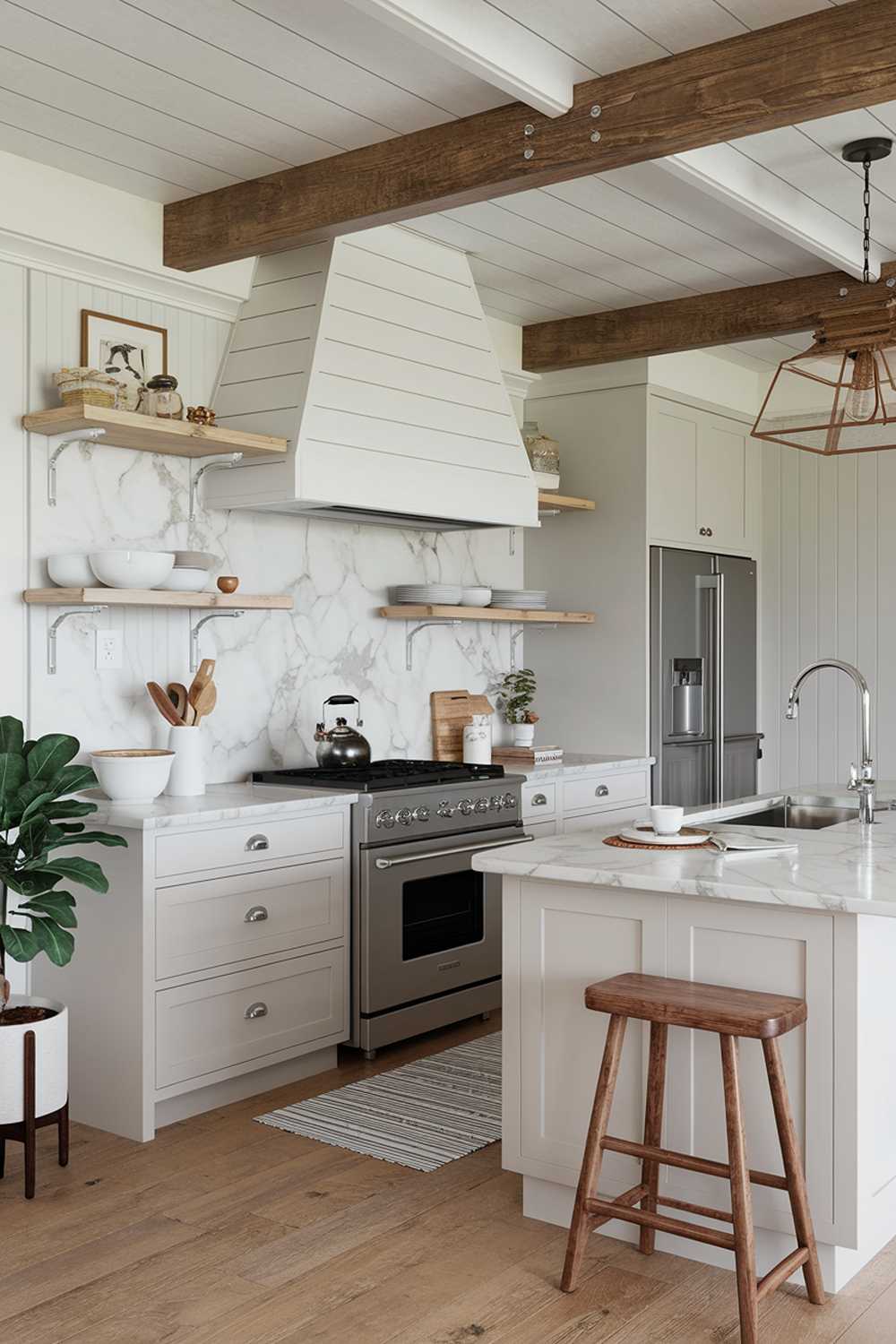 A cozy coastal farmhouse kitchen design and decor. The kitchen has a white cabinet, a marble countertop, and a stainless steel sink. There's a wood beam on the ceiling. A wooden stool is placed near the island. A potted plant is on the floor. A black kettle and a wooden spoon are placed on the countertop. A light fixture hangs over the island.