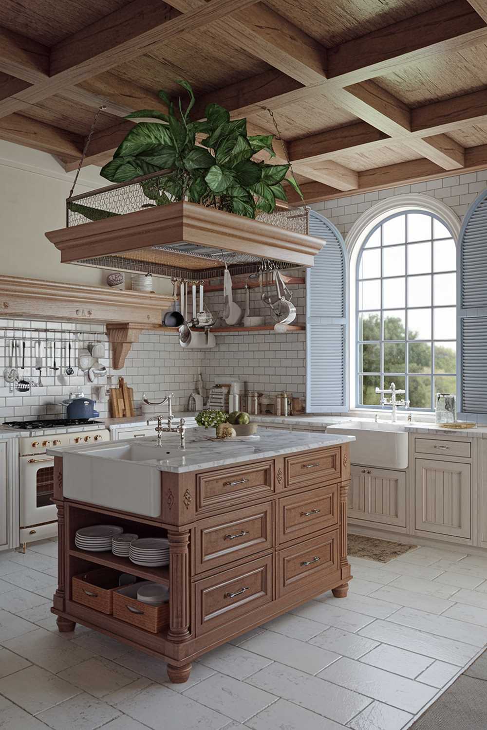 A coastal farmhouse kitchen design and decor. The kitchen has a wooden beam ceiling, white cabinets, and a subway tile backsplash. There is a wooden island with a marble countertop and a vintage-style sink. The floor is made of large white tiles. There are various cooking utensils hanging above the island. A potted plant adds a touch of greenery. The room has a large window with a white frame and blue shutters. The window overlooks a lush green landscape.