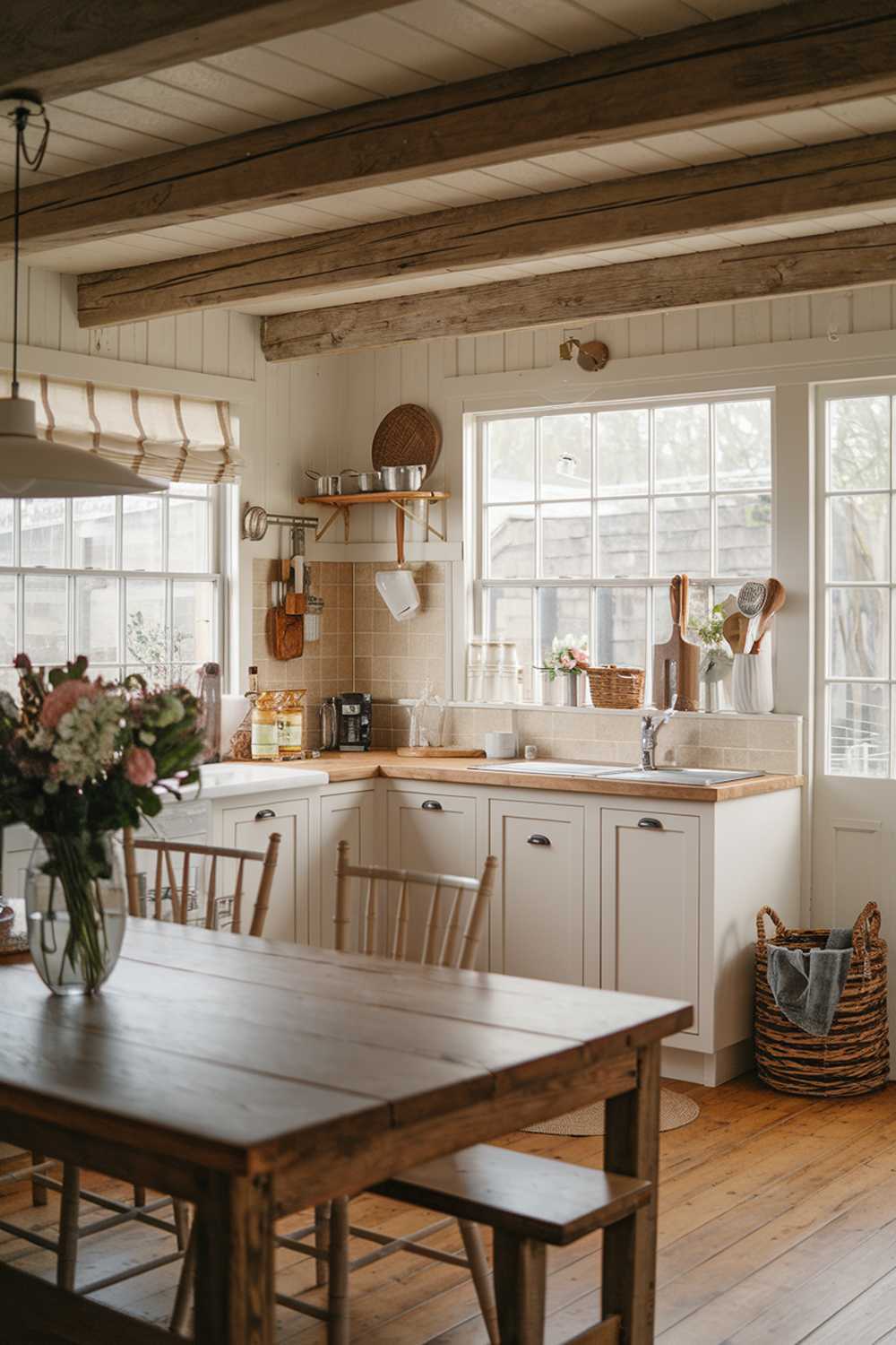 A cozy coastal farmhouse kitchen with a stylish decor and atmosphere. The kitchen has a rustic charm, with wooden beams on the ceiling, white cabinets, and a beige backsplash. There's a large wooden dining table near the kitchen. The kitchen is filled with natural light through large windows. There's a vase of flowers, a basket, and a wooden utensil holder on the counter. A few cooking utensils are placed on the wall. The floor is made of wood.