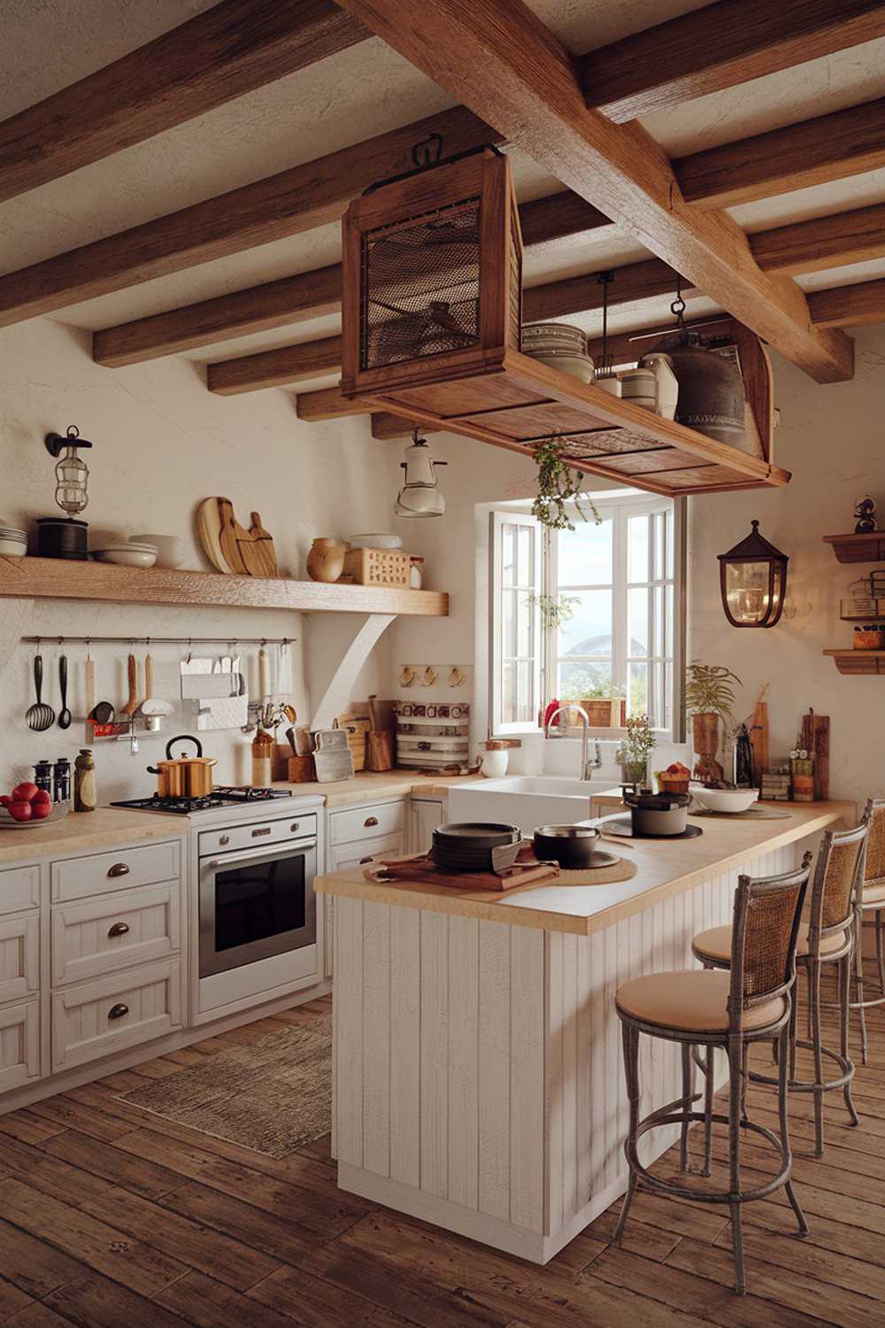 A coastal farmhouse kitchen with a warm atmosphere. The kitchen has a wooden beam ceiling, white cabinets, and beige countertops. There are various cooking utensils and ingredients on the countertops. The floor is made of wood. There are a few chairs near the island in the kitchen. The walls hold a few decorative items, including a lantern and a wooden shelf. The kitchen has a window with a view of the outdoors. The overall color scheme is white, beige, and wooden.