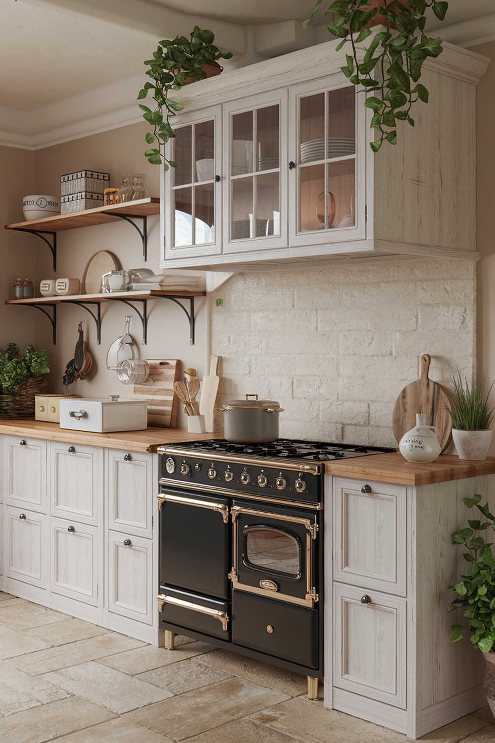 A coastal farmhouse kitchen decor and atmosphere. The kitchen has a rustic charm with a white wooden cabinet, a beige stone backsplash, and a wooden countertop. There is a black stove with four burners and an oven beneath it. Above the stove, there is a white cabinet with glass doors. On the left, there is a wooden shelf with a few items. The floor is made of beige tiles. The room has a few potted plants. The walls are painted with a soft beige color.