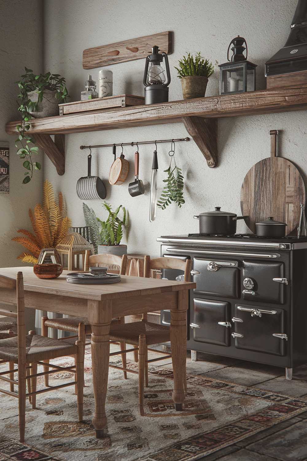 A farmhouse kitchen with a coastal atmosphere. There's a wooden table with chairs in the middle of the room. On the wall, there's a rustic shelf with decorative items, a lantern, and a few potted plants. There's a vintage stove with a few pots. A few more decorative items are placed on the counter. The floor is covered with a patterned rug. The wall has a few hanging items.