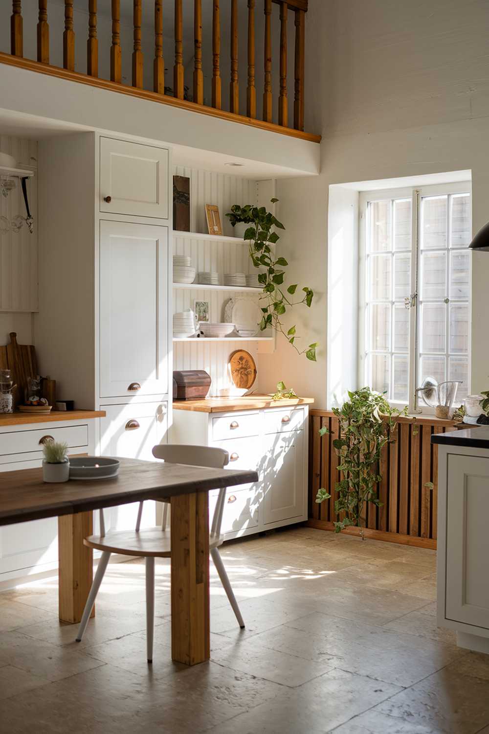 A coastal farmhouse kitchen. There's a wooden dining table with a white chair. In the background, there's a white cabinet with a few items and a green plant. The walls have white cabinets and a wooden railing. The floor is made of beige tiles. There's natural light coming through the window, casting a warm glow over the room.