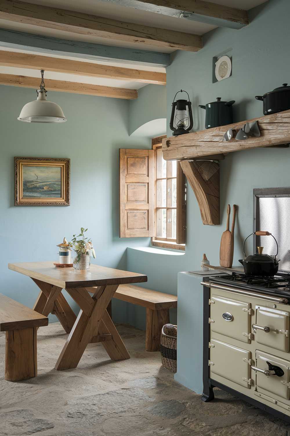 A coastal farmhouse kitchen decor and atmosphere. The kitchen has a rustic charm with a blend of modern elements. There's a wooden table with benches in the corner. On the wall, there's a framed painting and a wooden shelf with a lantern, pots, and a wooden spatula. The floor is made of stone. There's a vintage stove with a kettle and a cast iron pan. The ceiling has wooden beams. The walls are painted in a soft blue hue. There's a window with wooden shutters.