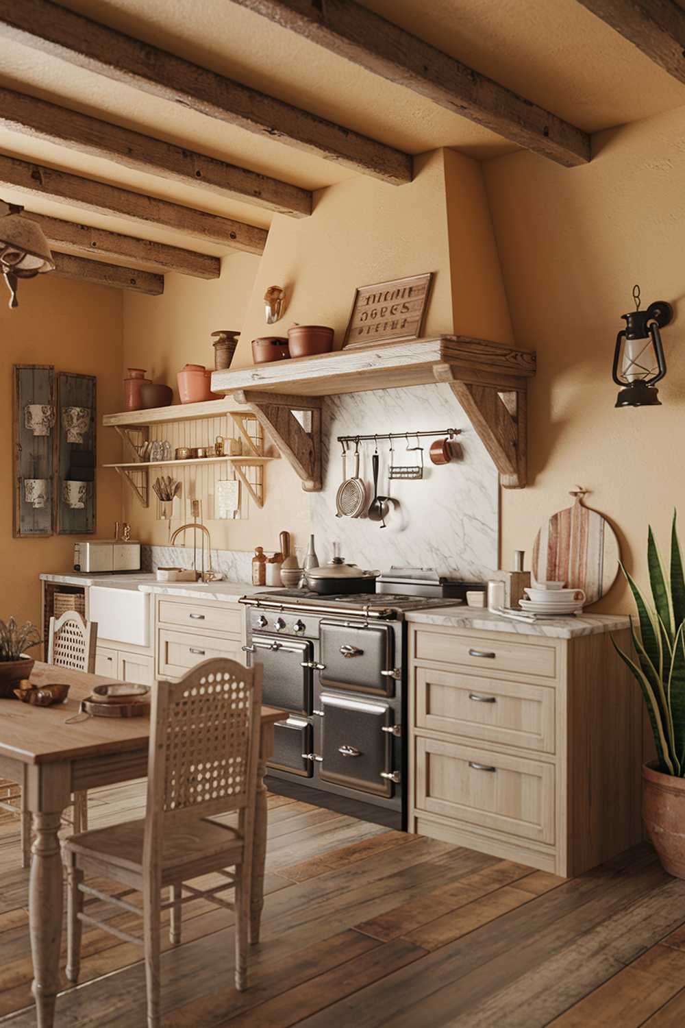 A coastal farmhouse kitchen decor with a warm color palette. The kitchen has wooden beams, white cabinets, and a marble countertop. There's a vintage stove and a vintage wooden table with chairs. The walls have rustic decor, including a wooden shelf with pots and a lantern. The floor is made of wood. There's a potted plant near the wall. The overall ambiance is inviting and rustic.