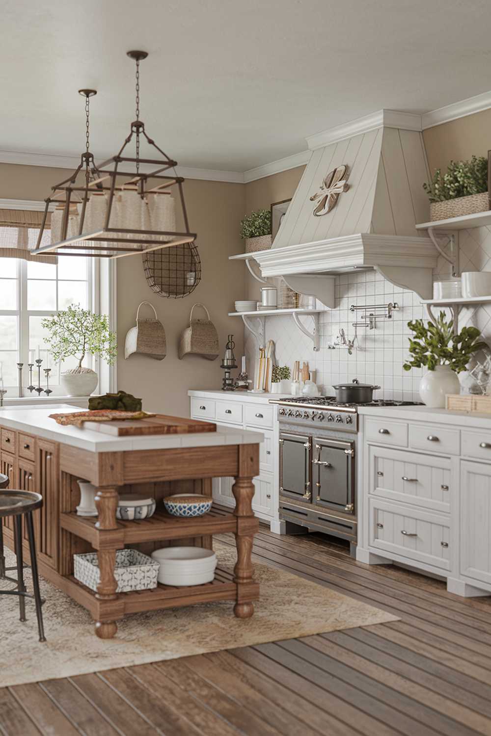 A farmhouse kitchen with coastal decor. The kitchen features a wooden island with a white countertop, and a stove with a hood. There are white cabinets and a shelf with decorative items. The floor is made of wooden planks. There is a rug under the island. The walls are painted beige. There are potted plants and a lantern near the window.