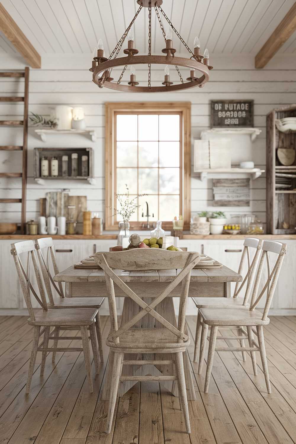 A coastal farmhouse kitchen decor photo. A wooden table with a worn finish sits in the center of the room, surrounded by wooden chairs with a distressed finish. Above the table, a wrought iron chandelier with multiple branches hangs. The walls are adorned with rustic decor, including a wooden ladder, a vintage sign, and a few crates. A window with a simple wooden frame allows natural light to fill the room. The floor is made of wide wooden planks.