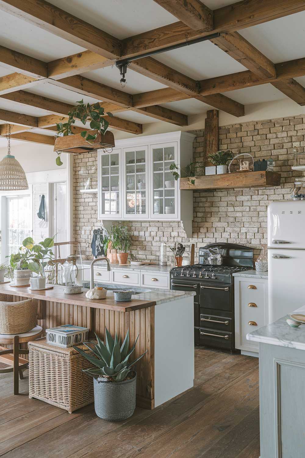 A coastal farmhouse kitchen decor. The kitchen has a rustic charm with wooden beams on the ceiling, a brick wall, and a wooden island. There's a white cabinet with glass doors, a black stove, and a white refrigerator. The counters are made of marble. There are potted plants and a wicker basket. The floor is made of wood.