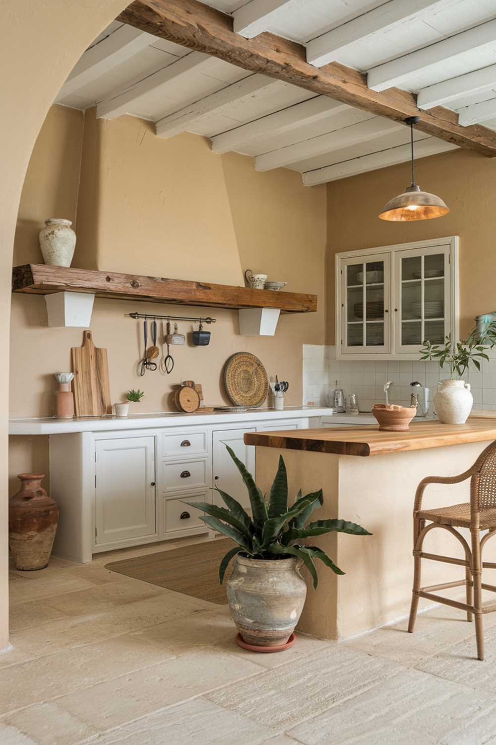 A coastal farmhouse kitchen with a stylish cozy ambiance. The kitchen has a beige wall, white cabinets, and a beige island. The island has a wooden top and a few potted plants. There's a wooden beam on the ceiling. The floor is made of beige tiles. There's a white chair near the island. The kitchen has a few decorative items, such as a wooden shelf with a white pot, a terracotta pot with a plant, and a white vase. The lighting is warm.