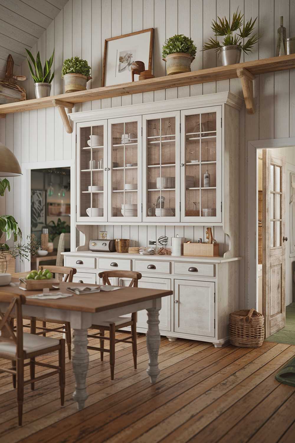 A coastal farmhouse kitchen decor. The kitchen has a rustic charm with a mix of wood and white elements. There is a large wooden table in the middle of the room, with chairs around it. On the wall, there is a large white cabinet with glass doors, displaying various kitchen items. Above the cabinet, there is a wooden shelf with potted plants and decorative items. The floor is made of wooden planks. In the background, there is a doorway leading to another room.