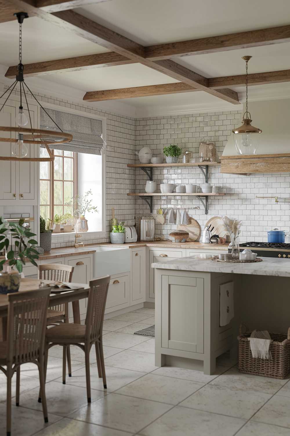 A coastal farmhouse kitchen decor. The kitchen has a white cabinets, a beige backsplash, and a grey island with a marble countertop. There is a wooden table with chairs near the island. The room has a wooden beam ceiling, a pendant light over the island, and a window with a curtain. There are potted plants and a wooden basket near the window. The floor is tiled.