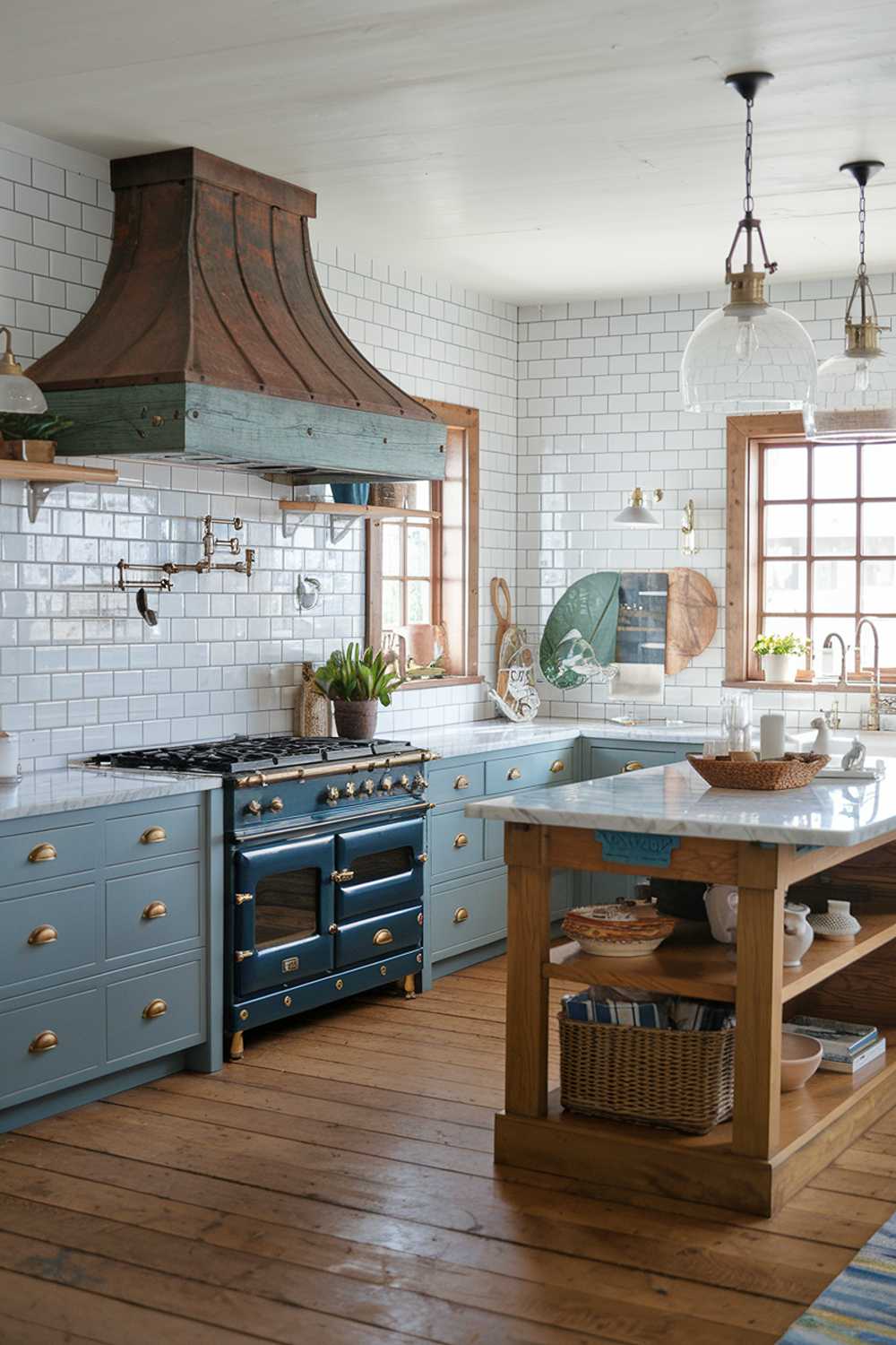 A coastal farmhouse kitchen decor. The kitchen has a white subway tile backsplash, a wooden island with a marble countertop, and a range hood with a rustic design. There are pendant lights hanging over the island. The cabinets are painted blue and have brass hardware. The floor is made of wide planks of wood. There are plants, a basket, and a few decorative items on the counter. The background has a window with a wooden frame.