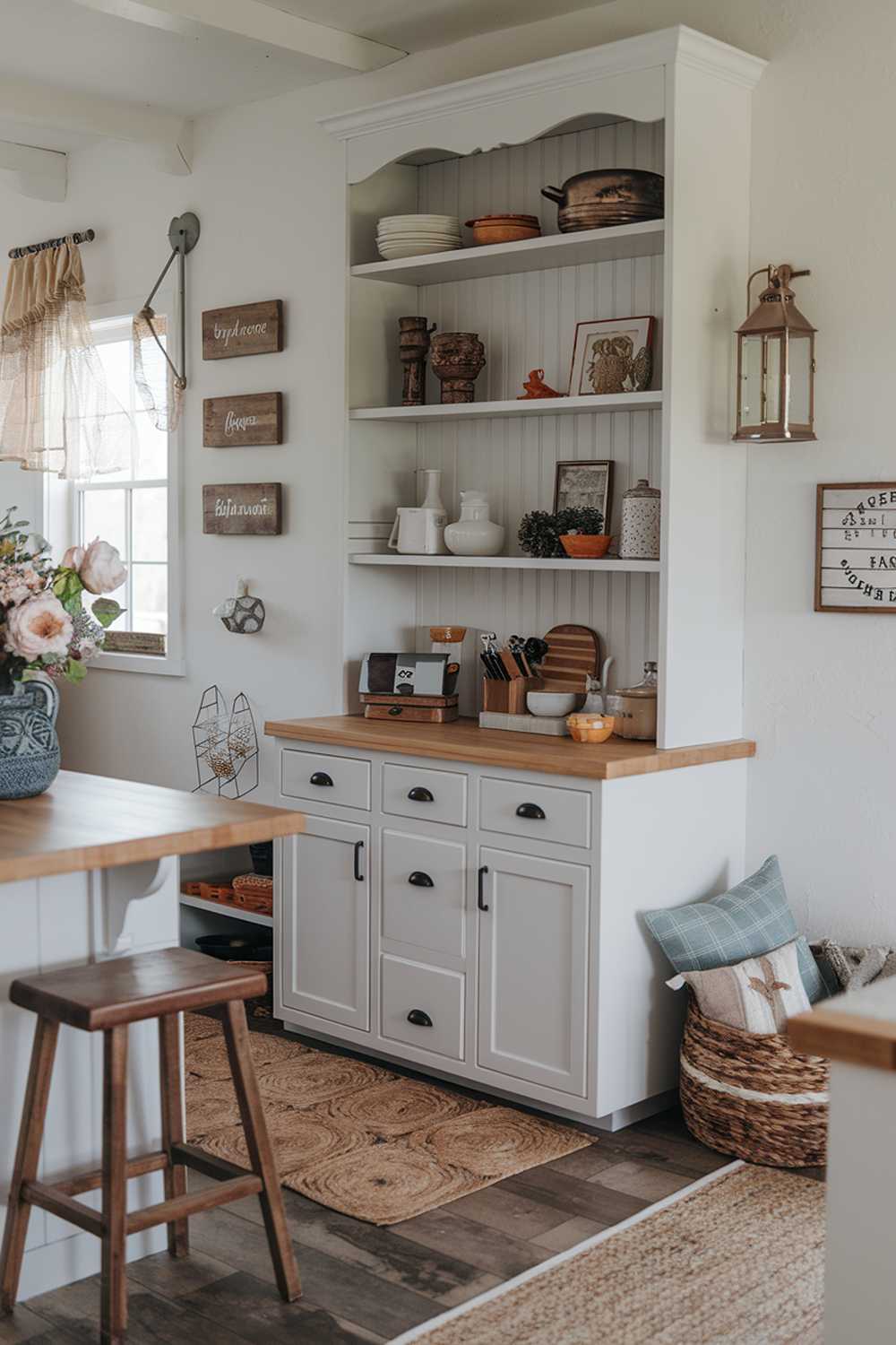 A coastal farmhouse kitchen decor. The kitchen has a white cabinet with a few shelves filled with decorative items. There's a wooden countertop with a vase of flowers. There's a wooden stool near the cabinet. On the floor, there's a woven rug. The wall has a few decorative items, including a wooden sign and a lantern. There's a window with a curtain near the wall.