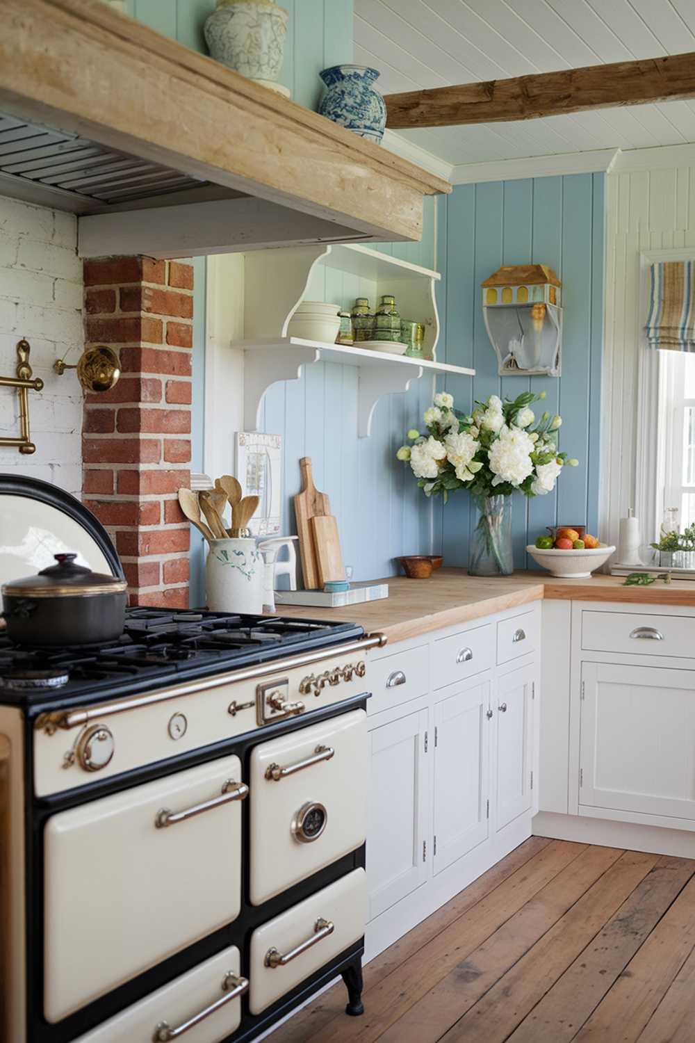 A coastal farmhouse kitchen decor. The kitchen has a light blue wall with white cabinets and a wooden countertop. There is a vintage stove with a ceramic knob. The room has a brick wall and a wooden beam. A vase of white flowers is on the counter. The floor is made of wood.