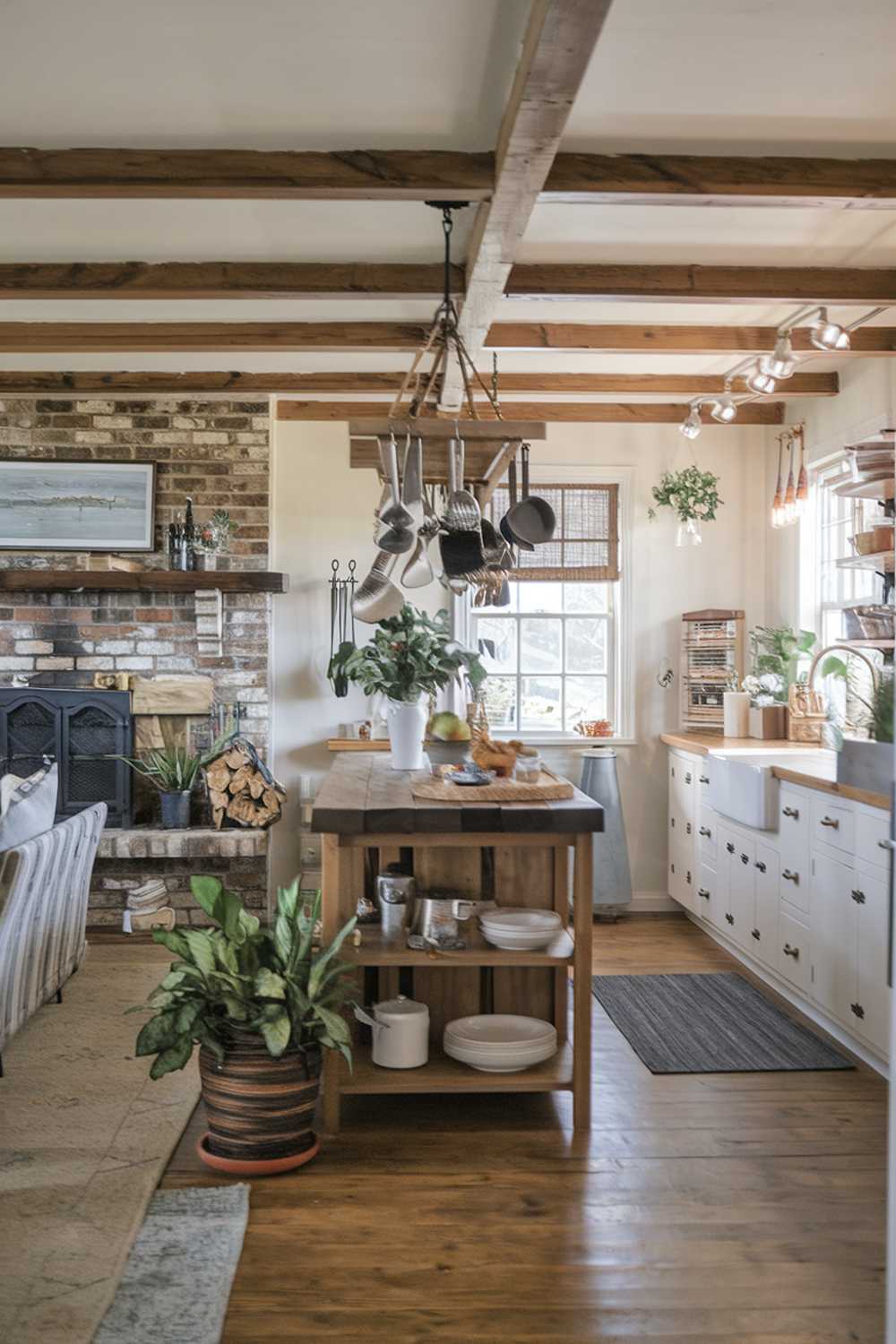 A coastal farmhouse kitchen decor. The kitchen has a rustic charm with wooden beams, a brick fireplace, and a wooden island. There are various cooking utensils hanging above the island. The floor is made of wood. There are potted plants and a rug. The walls are painted white. The overall ambiance is warm and inviting.