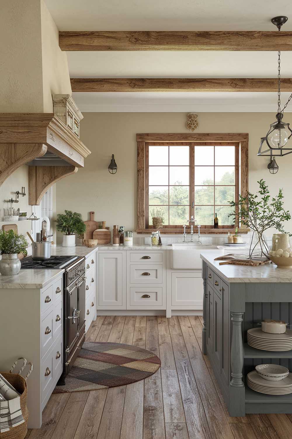 A coastal farmhouse kitchen decor with a rustic charm. The kitchen has a wooden beam ceiling, white cabinets, and a gray island with a marble countertop. There's a vintage stove, a farmhouse sink, and a large window with a wooden frame. The floor is made of wooden planks. There are potted plants, a few utensils, and a woven basket on the counter. The walls are painted beige.