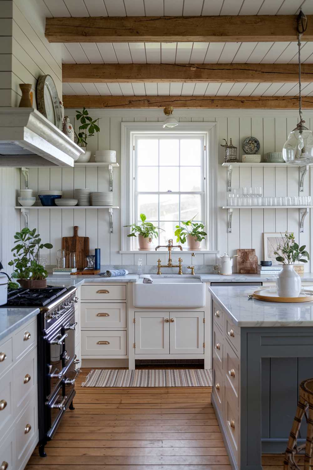 A cozy coastal farmhouse kitchen with a stylish decor. The kitchen has a wooden beam ceiling, white cabinets, and a grey island with a marble countertop. There is a vintage stove, a farmhouse sink, and a brass faucet. The floor is made of wood. There are potted plants near the window. The walls are adorned with shelves holding dishes, glasses, and decorative items. The window has a white frame and a transom.