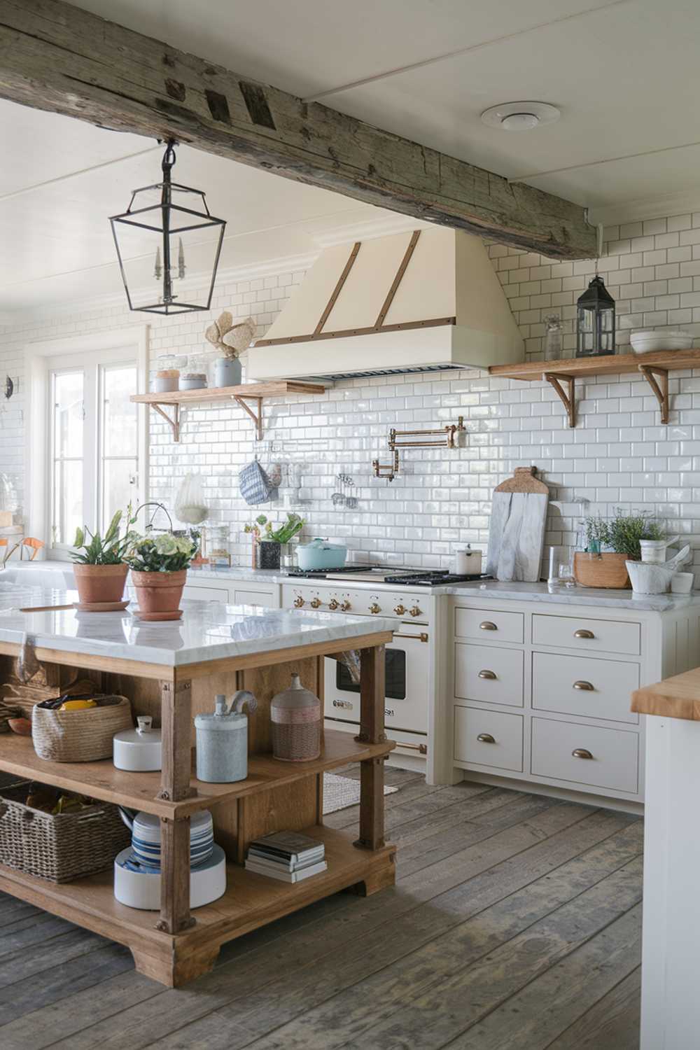 A coastal farmhouse kitchen with a stylish decor. The kitchen has a beige subway tile backsplash, white cabinets, and a wooden island. The island has a marble top and a few potted plants. There's a rustic wooden beam across the ceiling. A few decorative items, such as a lantern and a wooden basket, are placed on the counters. The floor is made of weathered wood.