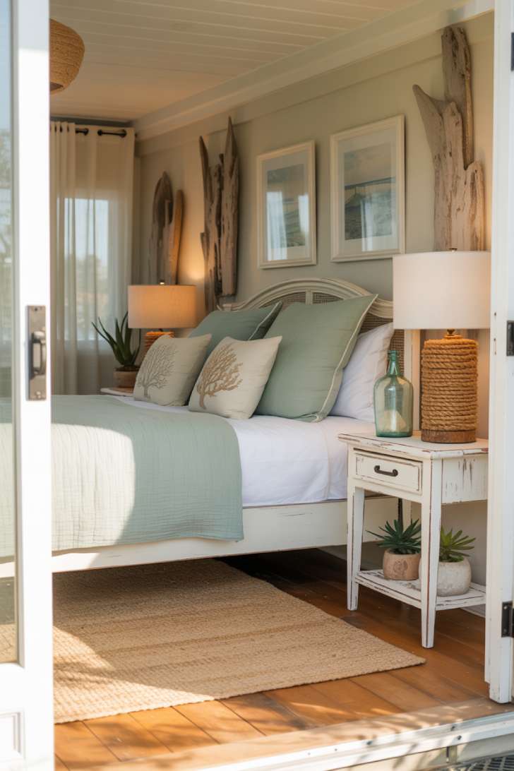 Coastal guest bedroom with white bed frame, seafoam green and sandy beige linen bedding, jute rug, and rope-wrapped lamp in natural sunlight