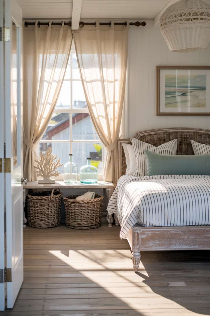 Serene coastal guest bedroom with whitewashed bed frame, navy striped linens, driftwood nightstands, and shell-filled glass bottles on the surface