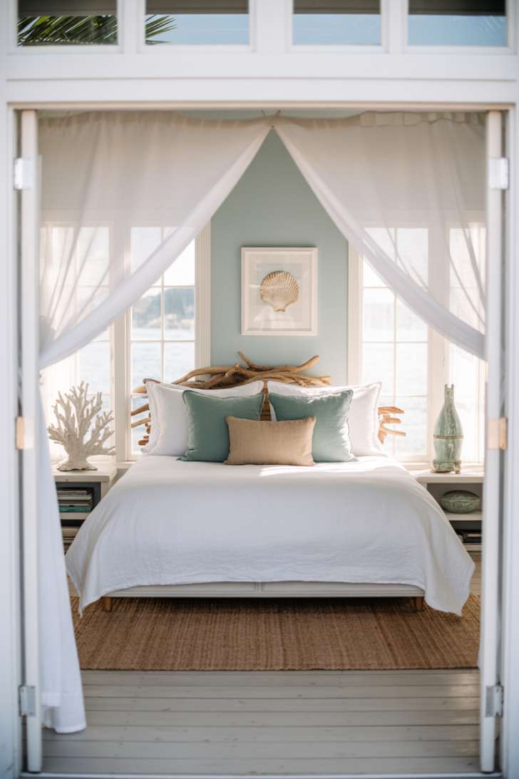 Bright coastal guest bedroom with white linen bed, driftwood headboard, pale blue accent wall, vintage glass fishing float, and framed seashell artwork