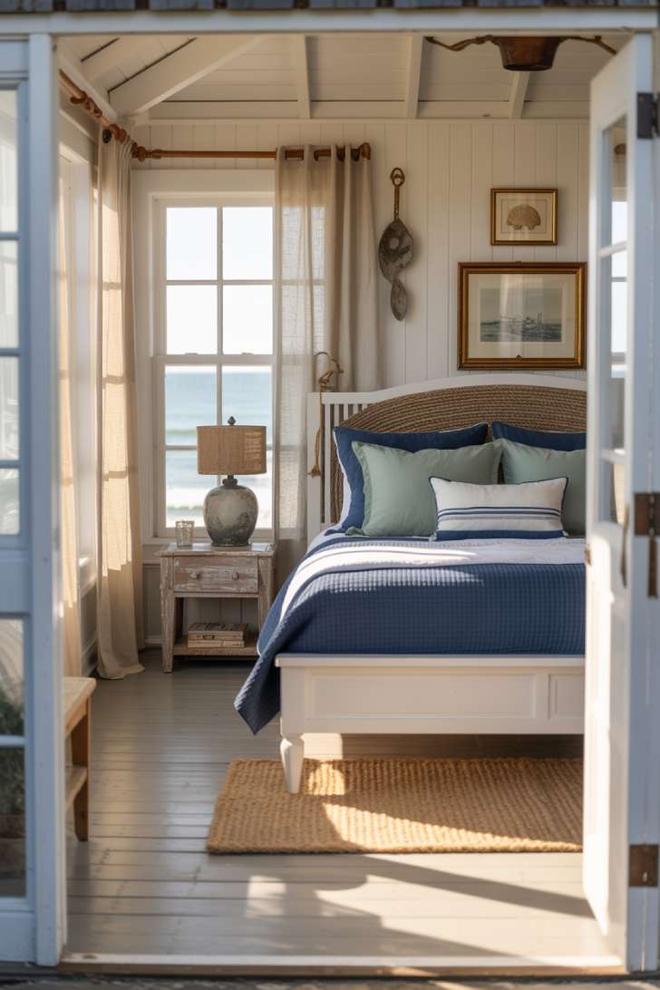 Nautical coastal guest bedroom with white bed frame, navy and seafoam bedding, rope headboard details, braided rope rug, and framed maritime artwork