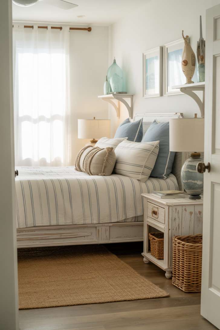 Serene modern coastal bedroom with whitewashed bed frame, navy and cream striped linens, driftwood nightstands, glass fishing floats on floating shelves, and jute rug