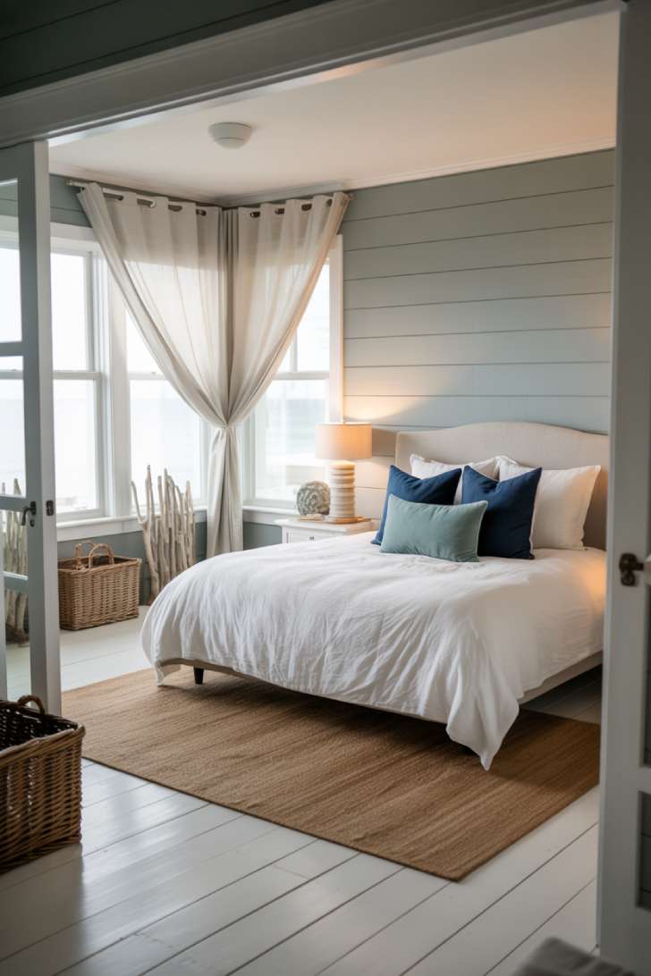Stylish coastal guest bedroom with white linen bed, navy and seafoam pillows, shiplap accent wall in dove gray, layered jute rugs, and wicker baskets