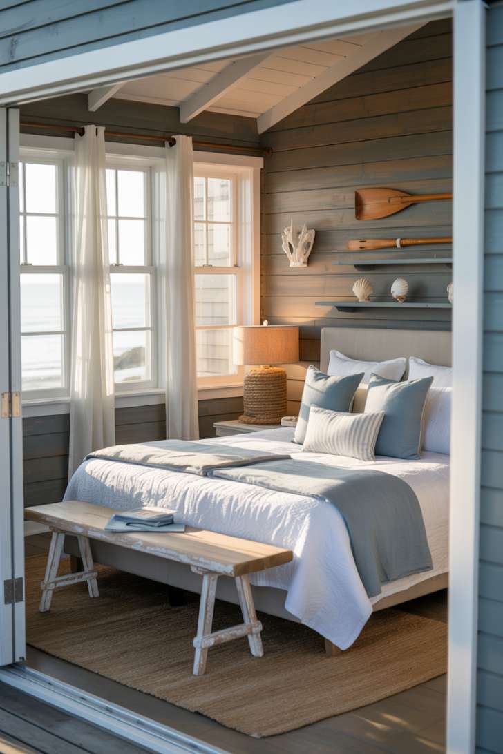 Coastal guest bedroom with white linens, soft blue pillows, driftwood gray wood accent wall, reclaimed bench, rope lamp, and vintage wooden oar mounted on the wall