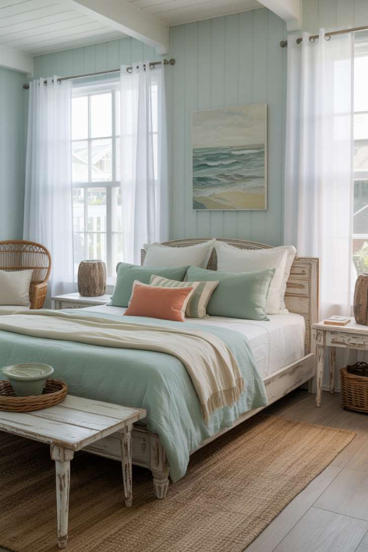 Elegant coastal guest bedroom with whitewashed bed frame, seafoam green and cream linens, pale blue-gray walls, abstract wave artwork, vintage rattan chair, and rope accents