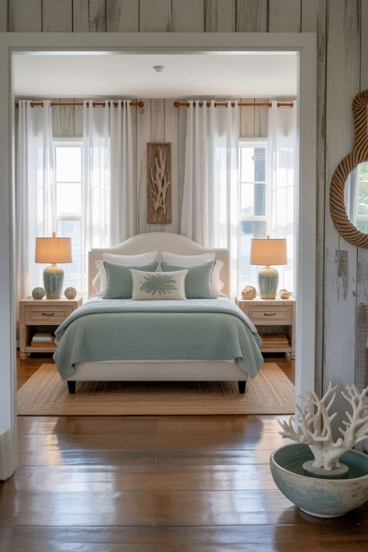 Stylish coastal guest bedroom with white upholstered bed, seafoam and ivory linens, whitewashed wood plank walls, weathered blue ceramic lamps, and vintage rope mirror