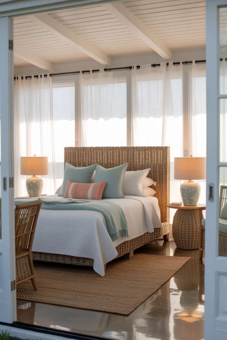 Bright coastal guest bedroom with white linens, woven seagrass headboard, seafoam and coral pillows, driftwood-framed artwork, ceramic lamps with linen shades, and jute area rug