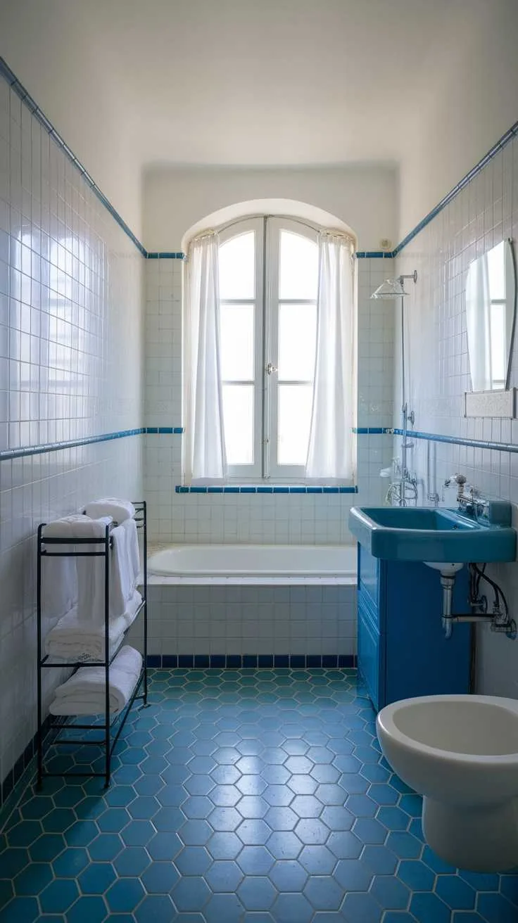 13 Blue and White Bathroom Ideas for a Fresh Look 4 Coastal-inspired blue and white tiled bathroom with a bathtub and sink.