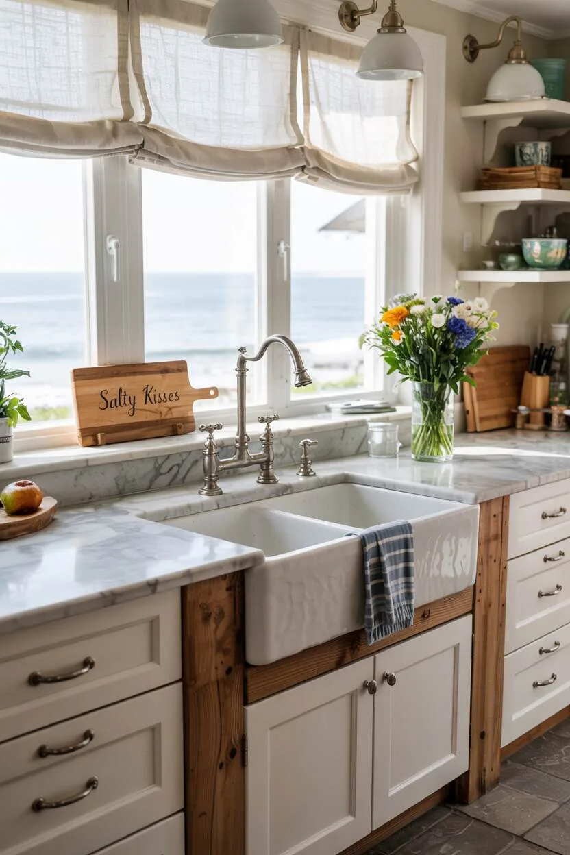 19 Gorgeous Coastal Kitchen Ideas You'll Love Instantly 1 Bright coastal kitchen with farmhouse sink under window overlooking ocean, reclaimed wood island, white cabinets, and marble countertops