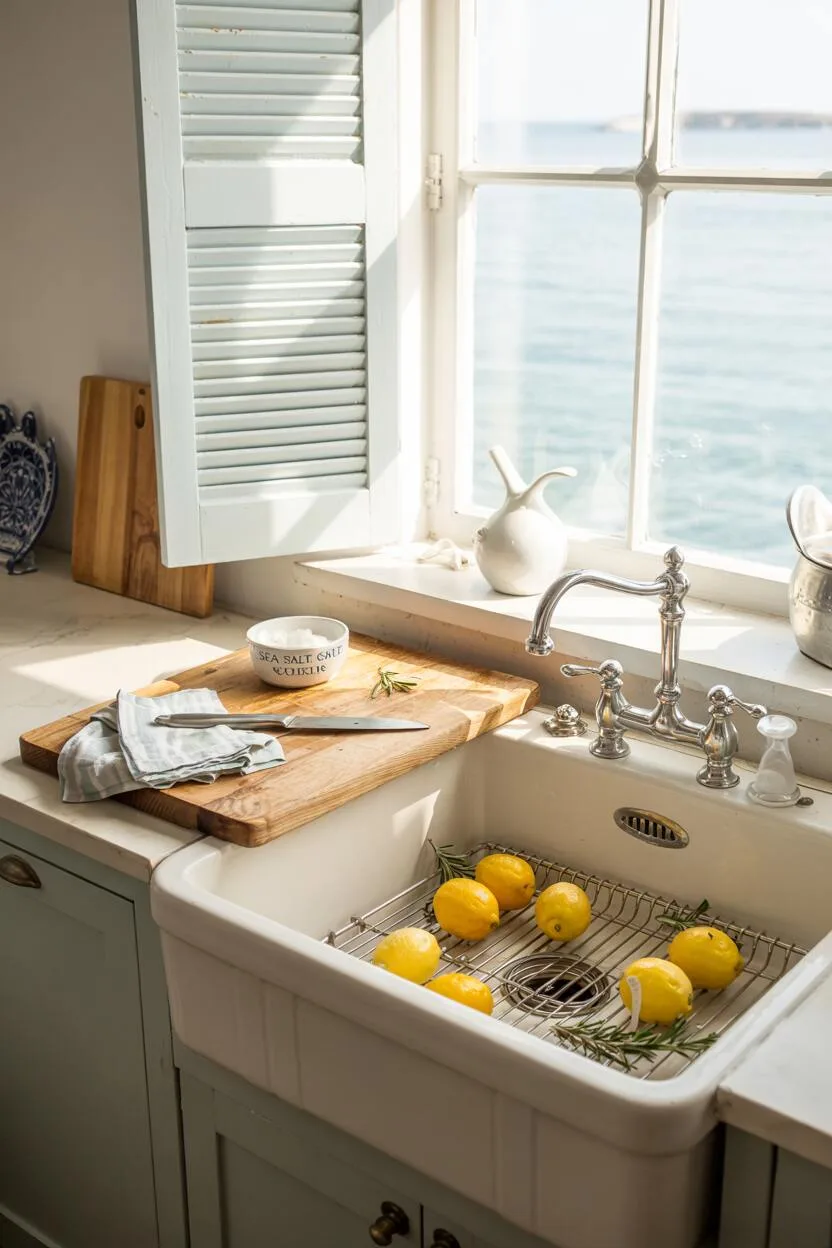 19 Gorgeous Coastal Kitchen Ideas You'll Love Instantly 2 Cozy coastal kitchen with white farmhouse sink filled with lemons and rosemary, blue shuttered window overlooking turquoise sea