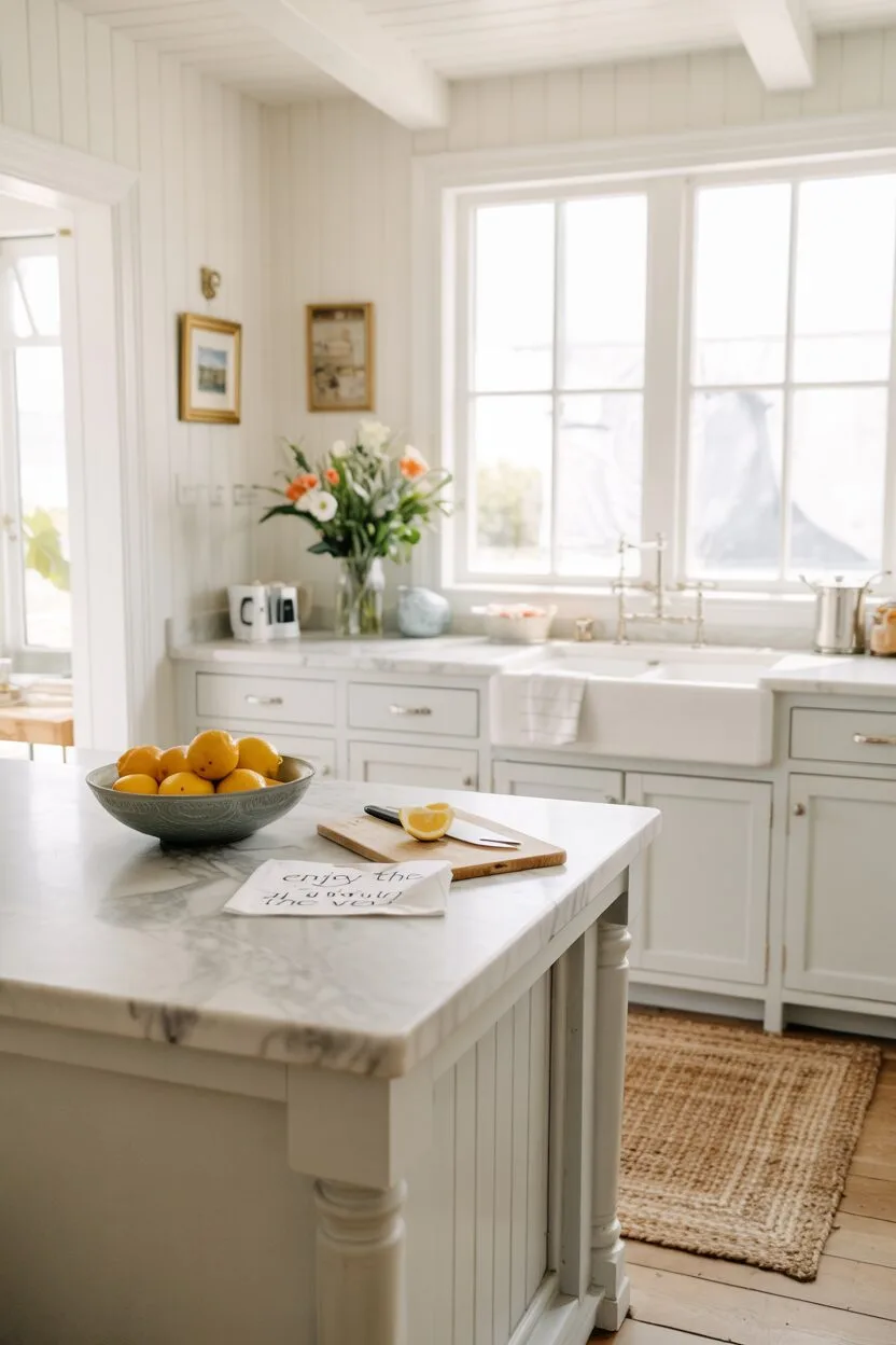 19 Gorgeous Coastal Kitchen Ideas You'll Love Instantly 3 Coastal kitchen with marble-topped island displaying lemons, cutting board and "Enjoy the View" note, whitewashed walls and blue cabinetry
