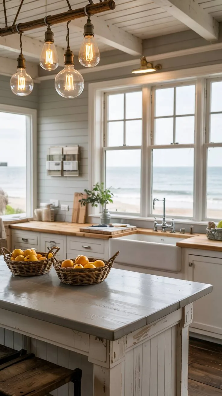 19 Gorgeous Coastal Kitchen Ideas You'll Love Instantly 4 Stylish coastal kitchen with reclaimed wood island topped with gray quartz, seagrass baskets of lemons, Edison bulb pendants, and blue shiplap backsplash overlooking beach