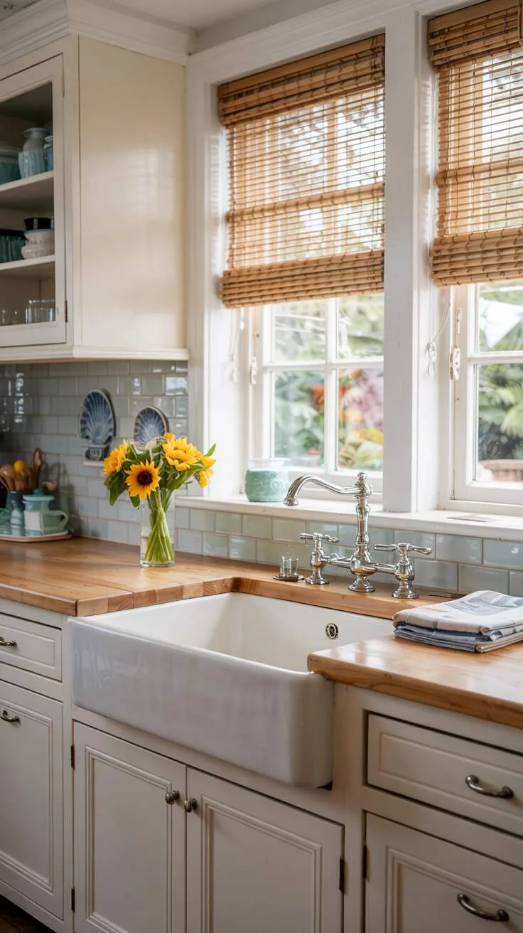 19 Gorgeous Coastal Kitchen Ideas You'll Love Instantly 5 Bright coastal kitchen featuring white farmhouse sink under window with bamboo blinds, blue seashell-patterned tile backsplash, and sunflowers