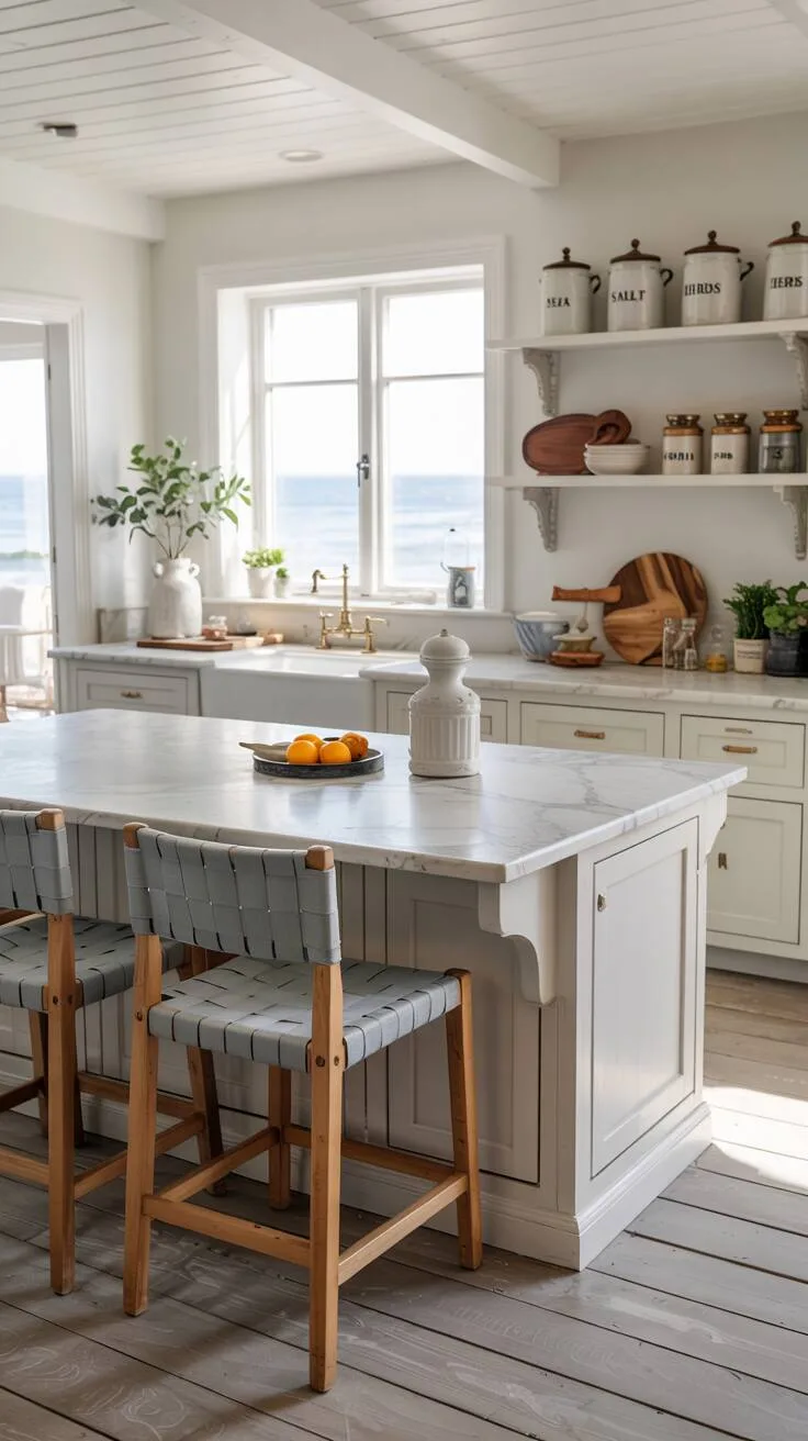 19 Gorgeous Coastal Kitchen Ideas You'll Love Instantly 6 Meticulously designed coastal kitchen with white quartz island, blue linen barstools, ocean view window, and ceramic storage canisters on open shelving