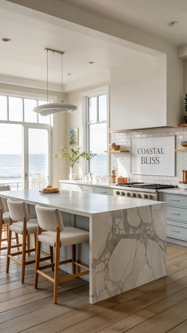 19 Gorgeous Coastal Kitchen Ideas You'll Love Instantly 7 Modern coastal kitchen featuring marble waterfall island, linen barstools, ocean view windows, pale blue cabinetry and "Coastal Bliss" backsplash