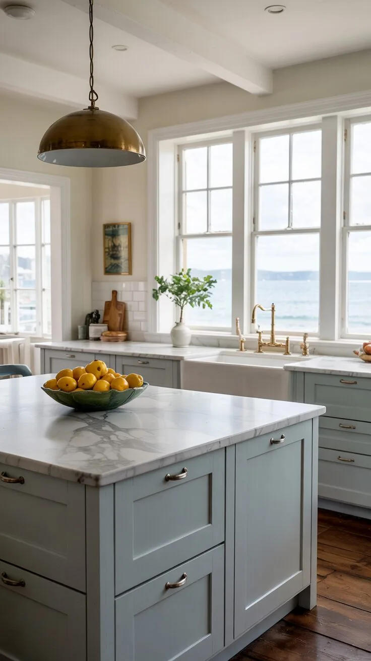 19 Gorgeous Coastal Kitchen Ideas You'll Love Instantly 8 Stylish coastal kitchen with Carrara marble island, ocean blue shaker cabinets, brass pendant light, and ocean view windows