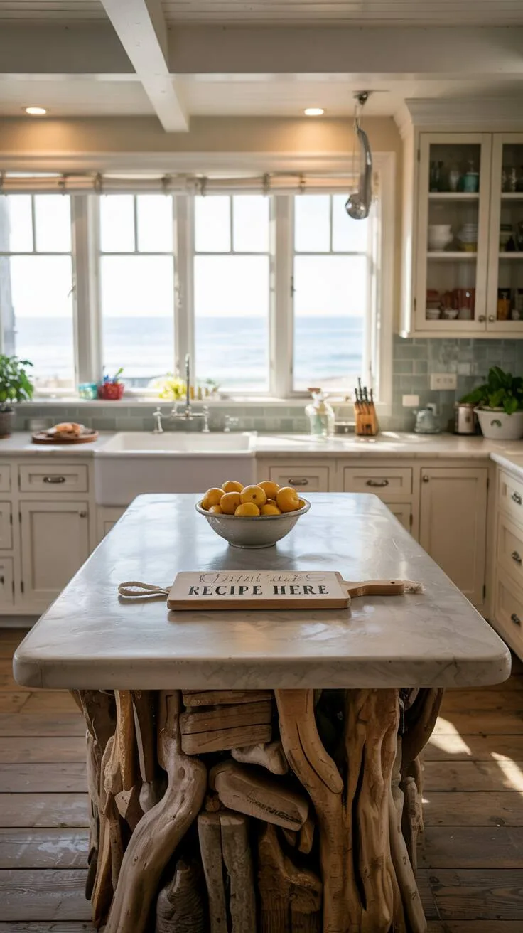 19 Gorgeous Coastal Kitchen Ideas You'll Love Instantly 9 Stylish coastal kitchen with reclaimed driftwood island, concrete countertop, ocean view windows, white cabinets and pale blue backsplash