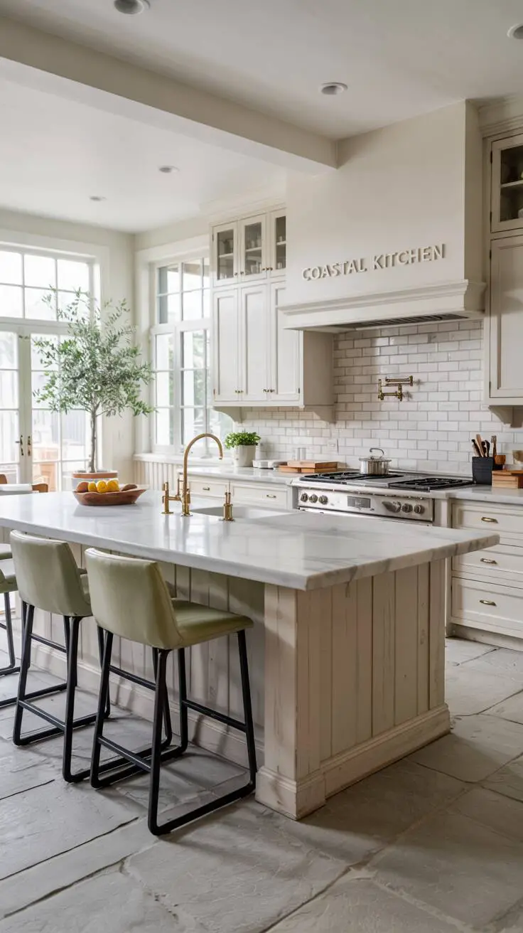 Stylish coastal kitchen with reclaimed wood island, white marble top, seafoam green barstools, gray cabinetry with "Coastal Kitchen" lettering above range