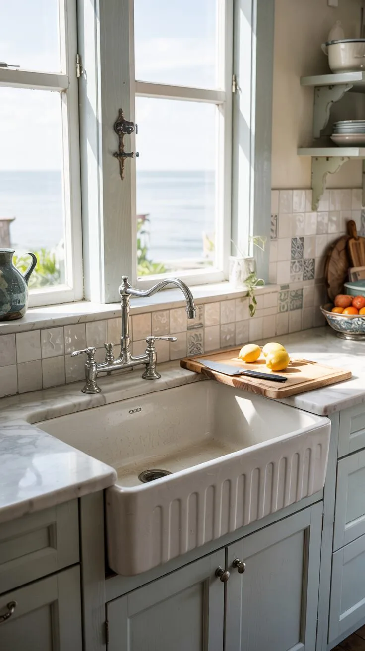 19 Gorgeous Coastal Kitchen Ideas You'll Love Instantly 11 Bright coastal kitchen with white farmhouse sink under blue shiplap-framed window overlooking ocean, wooden cutting board with lemons